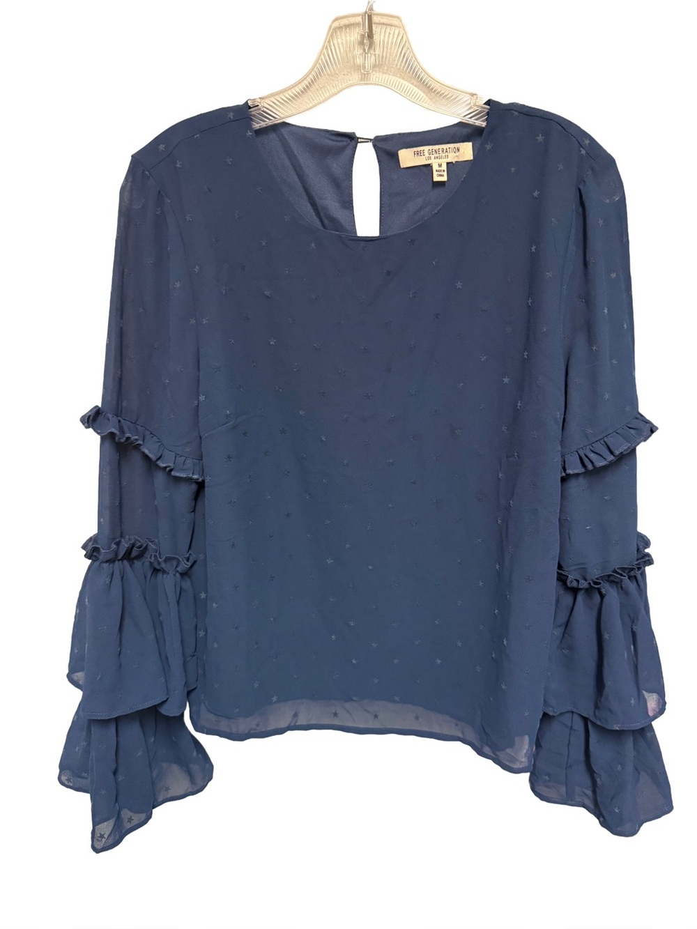 Free Generation Women's Medium Navy Blue Blouse with Ruffled Bell Sleeves Boho